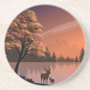 Sonnenaufgang Landschaft mit See und Deers-51207 Getränkeuntersetzer