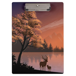 Sonnenaufgang Landschaft mit See und Deers-51207 Klemmbrett