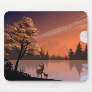 Sonnenaufgang Landschaft mit See und Deers-51207 Mousepad