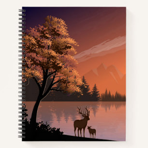 Sonnenaufgang Landschaft mit See und Deers-51207 Notizblock