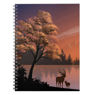 Sonnenaufgang Landschaft mit See und Deers-51207 Notizblock