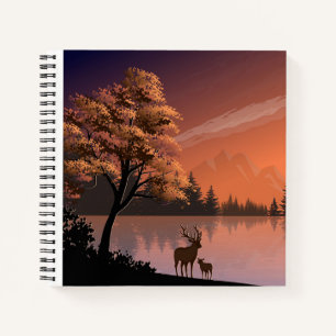 Sonnenaufgang Landschaft mit See und Deers-51207 Notizblock
