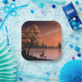 Sonnenaufgang Landschaft mit See und Deers-51207 Pappteller (Party)