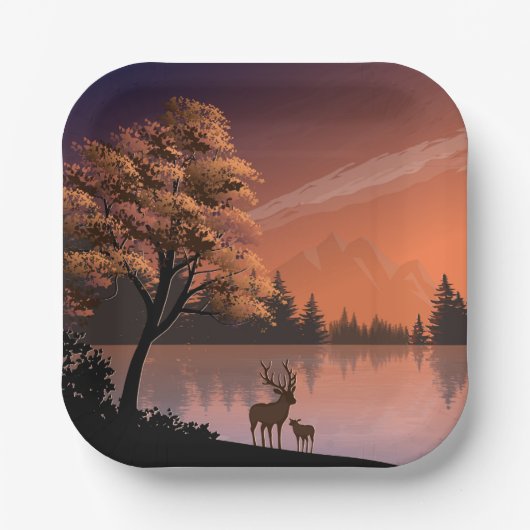 Sonnenaufgang Landschaft mit See und Deers-51207 Pappteller (Vorderseite)