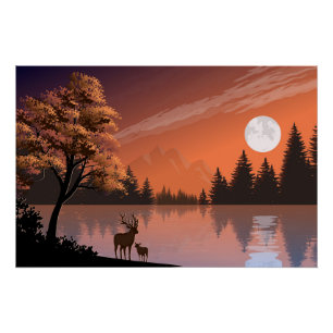 Sonnenaufgang Landschaft mit See und Deers-51207 Poster