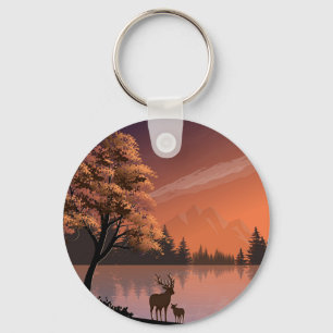 Sonnenaufgang Landschaft mit See und Deers-51207 Schlüsselanhänger
