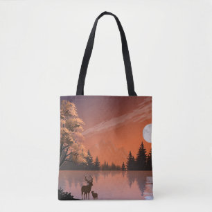 Sonnenaufgang Landschaft mit See und Deers-51207 Tasche
