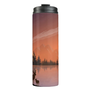 Sonnenaufgang Landschaft mit See und Deers-51207 Thermosbecher