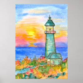 Sonnenaufgang Leuchtturm Ozean Aquarellmalerei Poster