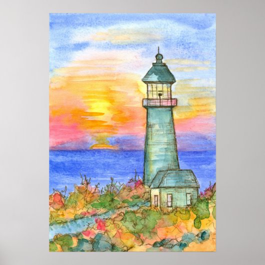 Sonnenaufgang Leuchtturm Ozean Aquarellmalerei Poster (Vorne)