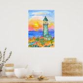 Sonnenaufgang Leuchtturm Ozean Aquarellmalerei Poster (Küche)