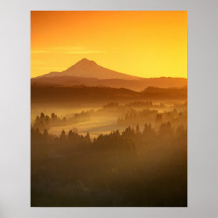 Sonnenaufgang orange Farben der Nebel im Tal in Poster