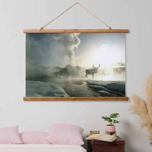 Sonnenaufgang Silhouette Elk am Burg Geyser Wandteppich Mit Holzrahmen (Schlafzimmer)