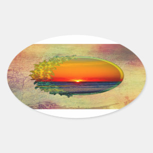 Sonnenaufgang über atlantischem Oval mit Blumen Ovaler Aufkleber