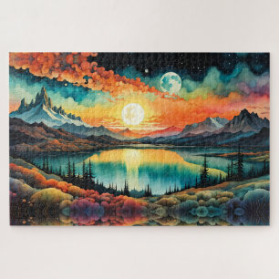 Sonnenaufgang über dem Bergsee als Sets des Mondes Puzzle
