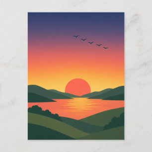 Sonnenaufgang über der hügeligen Seenlandschaft Postkarte