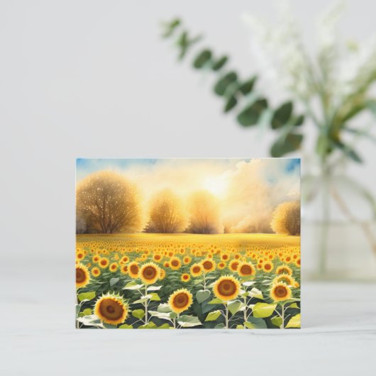 Sonnenaufgang über einem Feld Sonnenblumen Postkar Postkarte (Stehend Vorderseite)