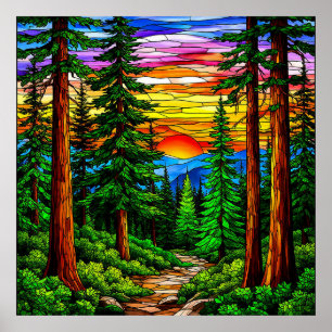 Sonnenaufgang über einer ruhigen Waldlandschaft Poster