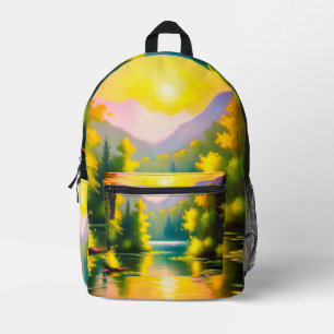 Sonnenaufgang über schneebedeckte Berge und See Bedruckter Rucksack