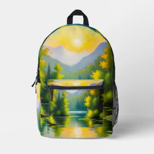 Sonnenaufgang über schneebedeckte Berge und See Bedruckter Rucksack
