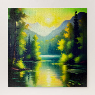 Sonnenaufgang über schneebedeckte Berge und See Puzzle