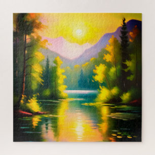 Sonnenaufgang über schneebedeckte Berge und See Puzzle