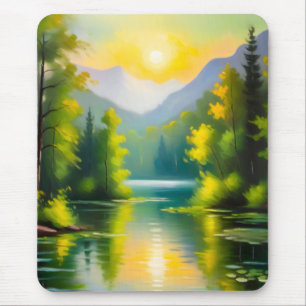 Sonnenaufgang über schneebedeckten Bergen und See Mousepad