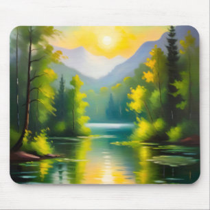 Sonnenaufgang über schneebedeckten Bergen und See Mousepad