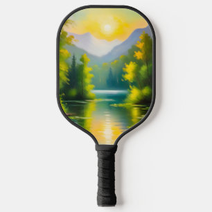 Sonnenaufgang über schneebedeckten Bergen und See Pickleball Schläger