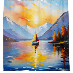 Sonnenaufgang über See und schneebedeckte Berge Duschvorhang