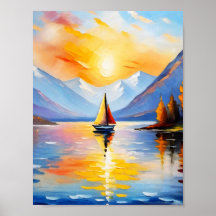 Sonnenaufgang über See und schneebedeckte Berge