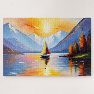 Sonnenaufgang über See und schneebedeckte Berge Puzzle
