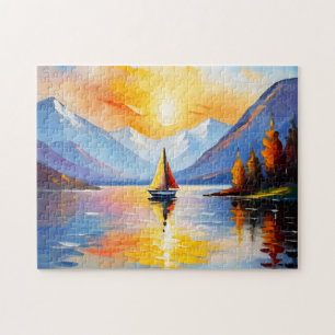Sonnenaufgang über See und schneebedeckte Berge Puzzle