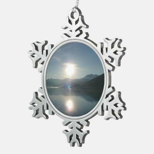 Sonnenaufgang über Uni Fjord Alaska Fotografie Schneeflocken Zinn-Ornament (Rechts)