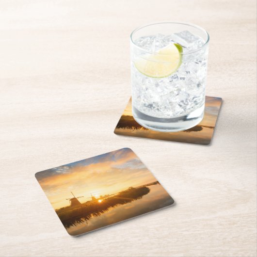 Sonnenaufgang über Windmühlen und einem Fluss in H Rechteckiger Pappuntersetzer (Vor Ort)