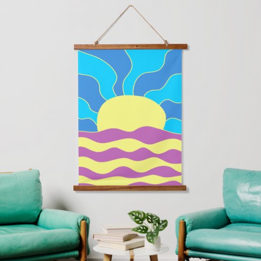 Sonnenaufgang und Wave Abstrakte Kunst Wandteppich Mit Holzrahmen (Wohnzimmer)