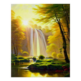 Sonnenaufgang Wasserfall Bäume Fluss. Schöne Lands Poster