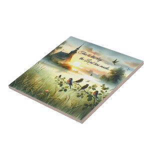 Sonnenaufgangskirche mit Vögeln auf nebliger Wiese Fliese