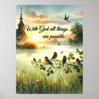 Sonnenaufgangskirche mit Vögeln in nebliger Wiese Poster