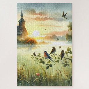 Sonnenaufgangskirche mit Vögeln in nebliger Wiese Puzzle