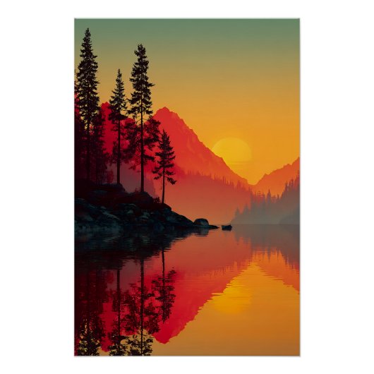 Sonnenaufgangsreflexion Alpensee Bergsilhouette Poster (Vorderseite)