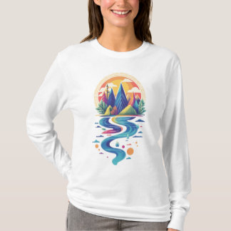 Sonnenbeleuchtete Gipfel und fließender Fluss T-Shirt