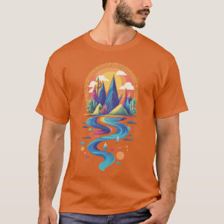 Sonnenbeleuchtete Gipfel und fließender Fluss T-Shirt