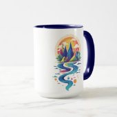 Sonnenbeleuchtete Gipfel und fließender Fluss Tasse (VorderseiteRechts)