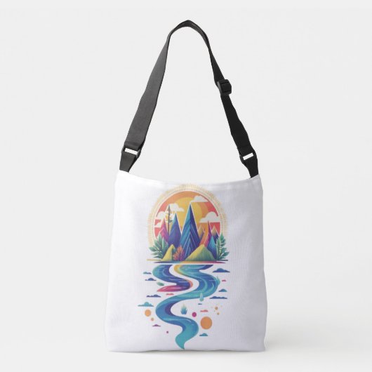 Sonnenbeleuchtete Gipfel und fließender Fluss Tragetaschen Mit Langen Trägern (Vorderseite)