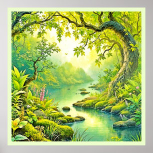 Sonnenbeleuchtete Waldlandschaft Poster