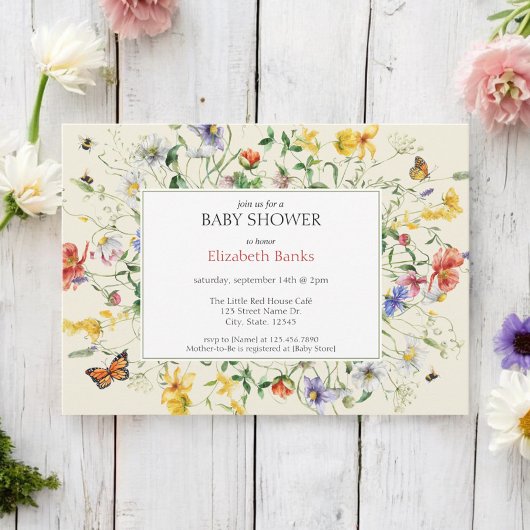 Sonnenbeleuchtete Wildblumen, Bienen und Schmetter Einladung