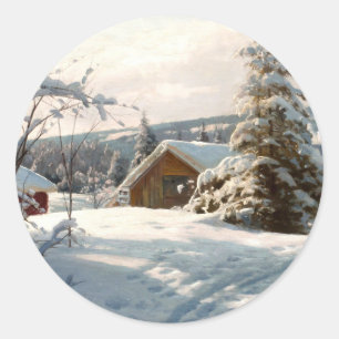 Sonnenbeleuchtete Winterlandschaft von Peder Mork  Runder Aufkleber