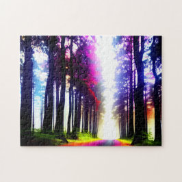 Sonnenbeleuchteter Regenbogenwald mit Silhouetten Puzzle
