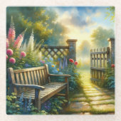 Sonnenbeschienene Gartentor-Szene Glasuntersetzer (Vorderseite)